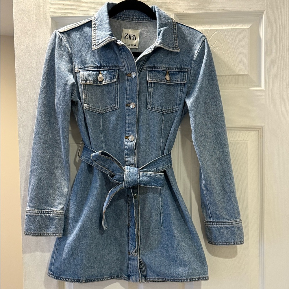 Zara Women's Light Blue Belted Denim Mini Dress